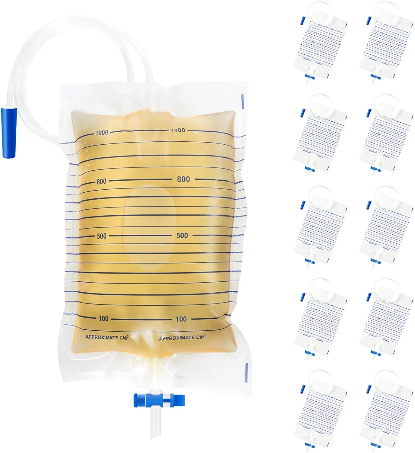 10 Packs Urinary Leg Bags 1000ml Urinary Drainage Bags with Easy Drain T Tap Switch and Anti-Reflux Valve Night Bags Easy Flip Drain Urine Bags