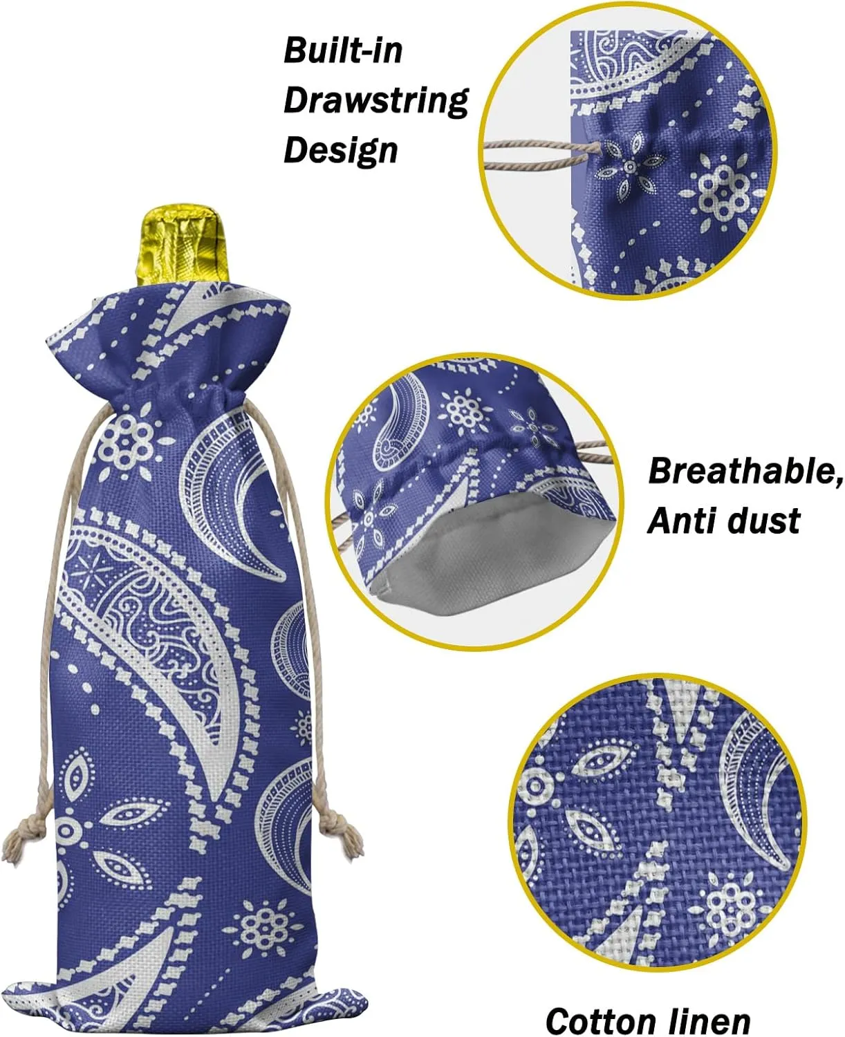 10 Pcs Premium Wine Bottle Gift Bags with Drawstring Blue Background Pavement with Perris Pattern Reusable Wine Gift Bag for Christmas, Wedding, Birthday,Holiday Party, Housewarming, Home Storage