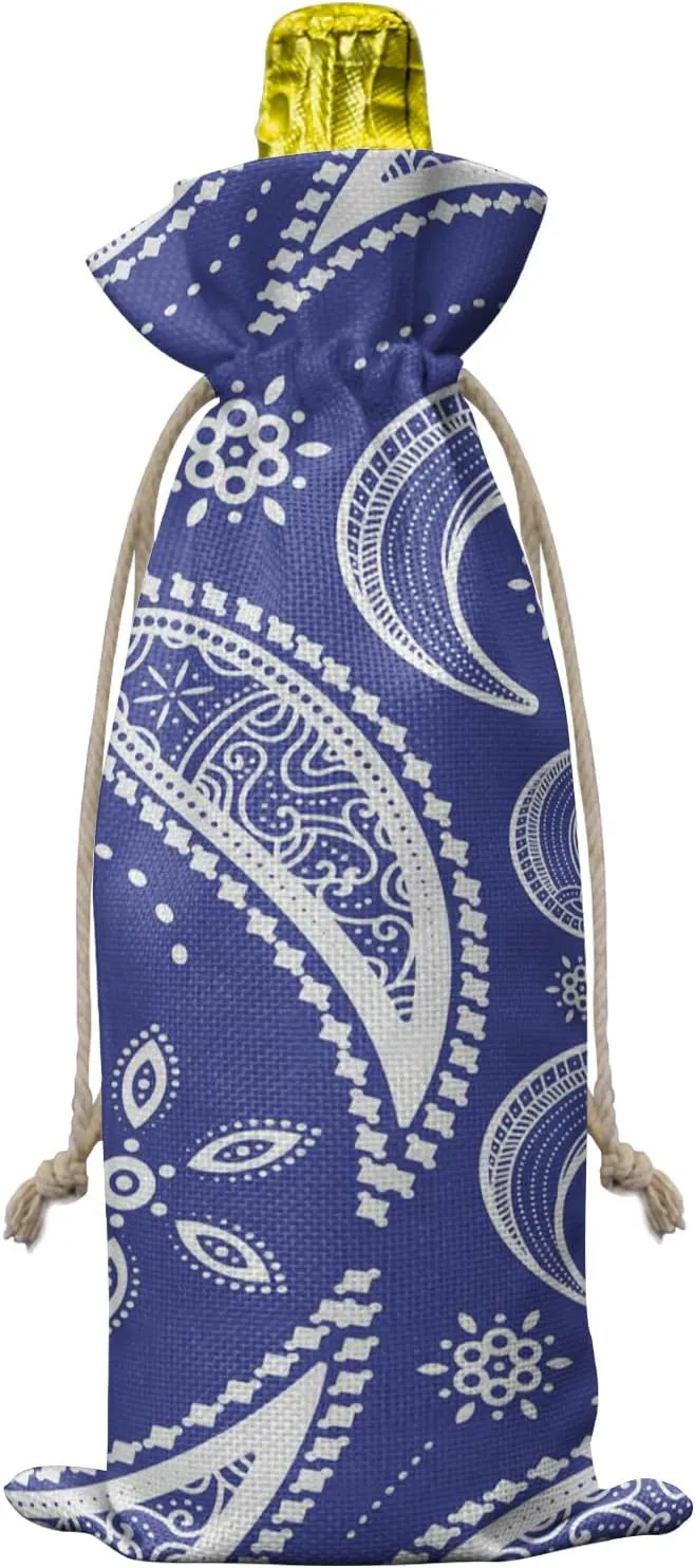 10 Pcs Premium Wine Bottle Gift Bags with Drawstring Blue Background Pavement with Perris Pattern Reusable Wine Gift Bag for Christmas, Wedding, Birthday,Holiday Party, Housewarming, Home Storage