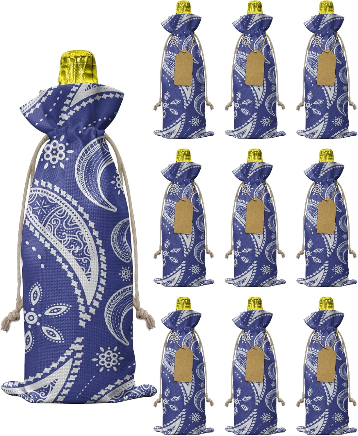 10 Pcs Premium Wine Bottle Gift Bags with Drawstring Blue Background Pavement with Perris Pattern Reusable Wine Gift Bag for Christmas, Wedding, Birthday,Holiday Party, Housewarming, Home Storage