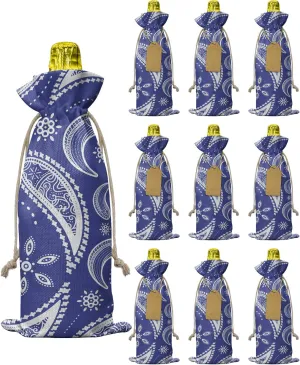 10 Pcs Premium Wine Bottle Gift Bags with Drawstring Blue Background Pavement with Perris Pattern Reusable Wine Gift Bag for Christmas, Wedding, Birthday,Holiday Party, Housewarming, Home Storage