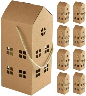 10pcs House Shaped Bag Christmas Cookie Boxes Kraft Paper Packaging Box Chocolate Biscuits Bag with Handle for Wedding Baby Shower Birthday Supplies