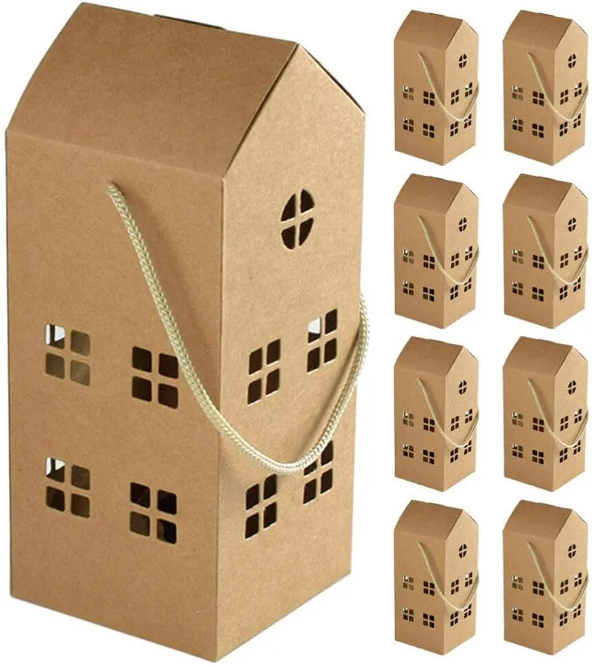10pcs House Shaped Bag Christmas Cookie Boxes Kraft Paper Packaging Box Chocolate Biscuits Bag with Handle for Wedding Baby Shower Birthday Supplies