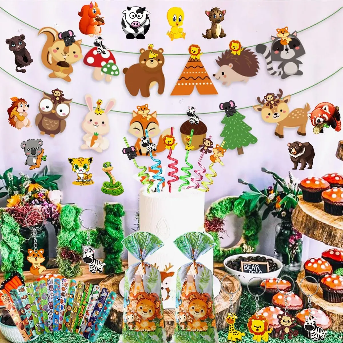 110PCS Safari Party Favors Jungle Party Favors Goodie Bags Stuffers for Camping Party Include Slap Bracelet,DIY Safari Stickers ,Woodland Keychains,Forest Animals Pencil Caps and Party Straws
