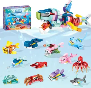 12 Ocean Animal Party Favors Mini Building Blocks for Kids, 12 in 1 Shark Building Sets Stem Toys for Classroom Prizes Gift Bag Fillers Easter Birthday Gifts Boys Girls 6-12