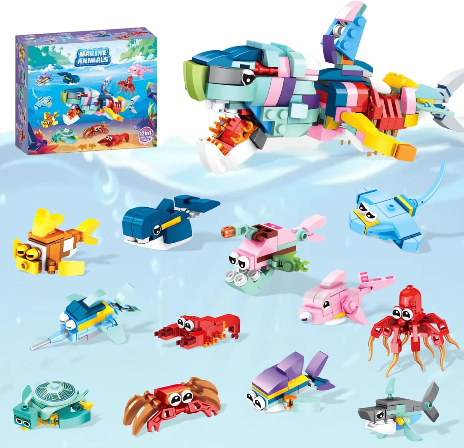 12 Ocean Animal Party Favors Mini Building Blocks for Kids, 12 in 1 Shark Building Sets Stem Toys for Classroom Prizes Gift Bag Fillers Easter Birthday Gifts Boys Girls 6-12