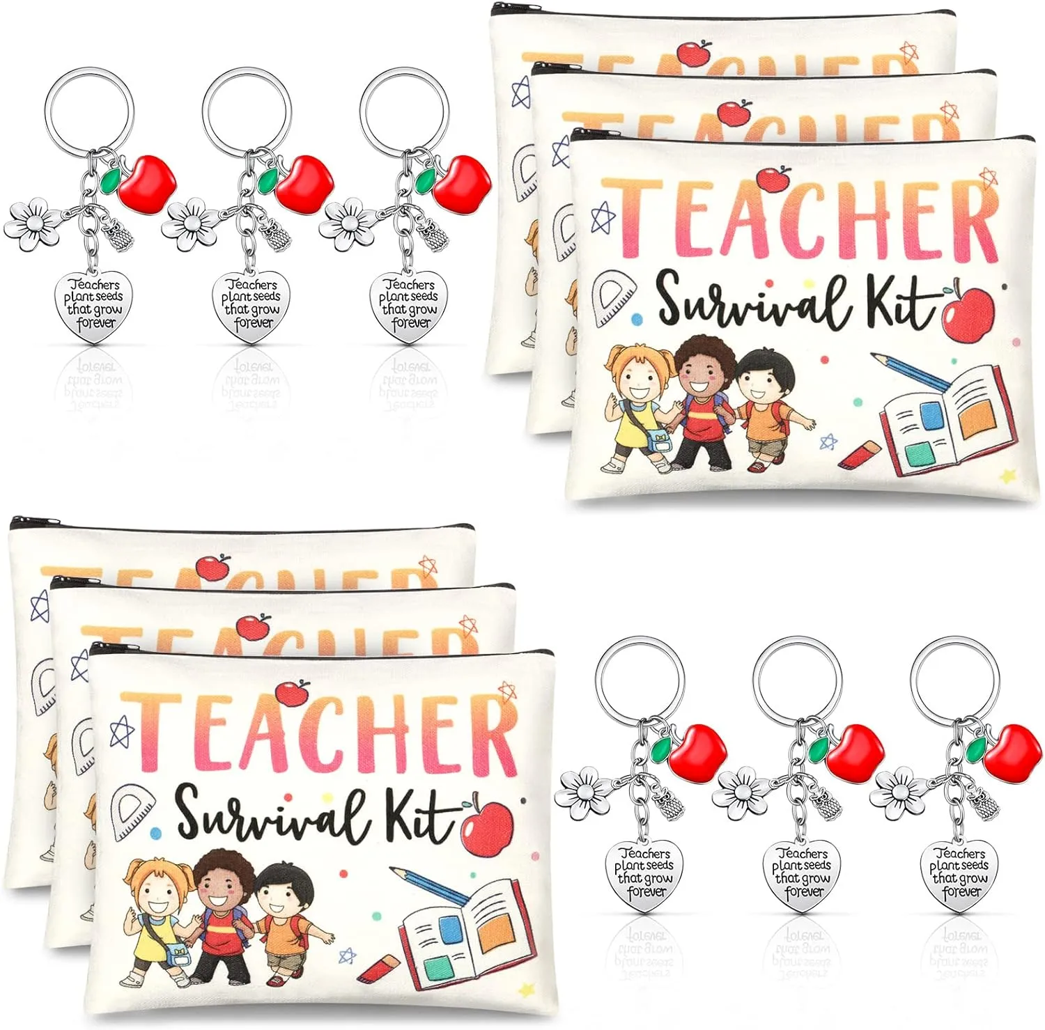 12 Pcs Teacher Appreciation Gift Set 6 Teacher Kit Makeup Cosmetic Bags and 6 Keychains Back to School Gifts Graduation Valentines (Vivid Style)