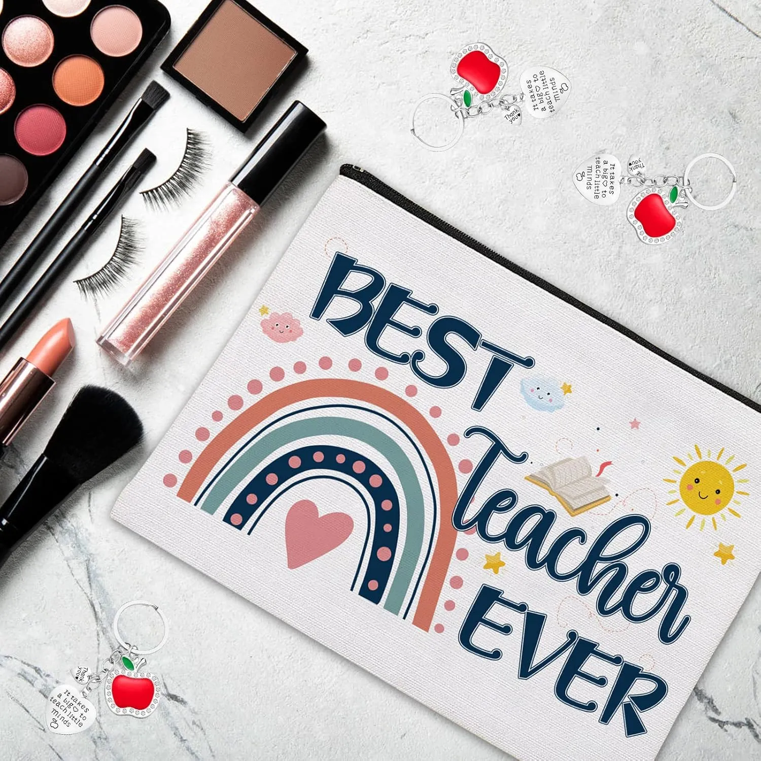 12 Pcs Teacher Appreciation Gifts Set, 6 PCS Makeup Cosmetic Bags with 6PCS Heart-Shaped Keychains with Diamonds, Valentines Graduation Gifts for Teacher
