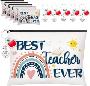 12 Pcs Teacher Appreciation Gifts Set, 6 PCS Makeup Cosmetic Bags with 6PCS Heart-Shaped Keychains with Diamonds, Valentines Graduation Gifts for Teacher