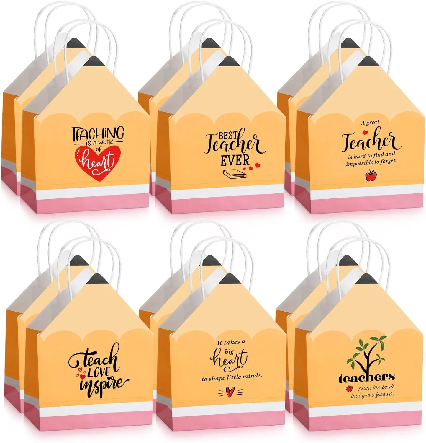 12 Pcs Teachers Appreciation Gift Bags Pencil Shaped Gift Bags with Handle Teacher Thank You Gifts Wrap Bags for Employee Gifts, 7.9 x 10.2 x 3.9 Inches, 6 Styles