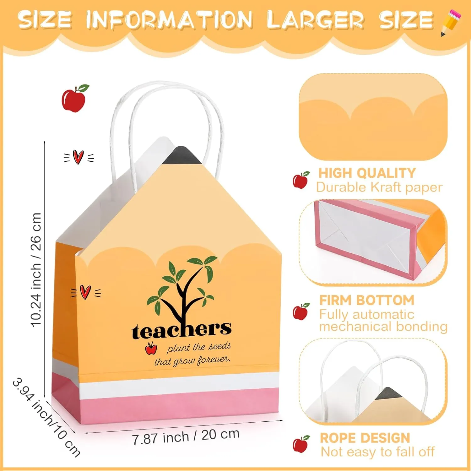 12 Pcs Teachers Appreciation Gift Bags Pencil Shaped Gift Bags with Handle Teacher Thank You Gifts Wrap Bags for Employee Gifts, 7.9 x 10.2 x 3.9 Inches, 6 Styles