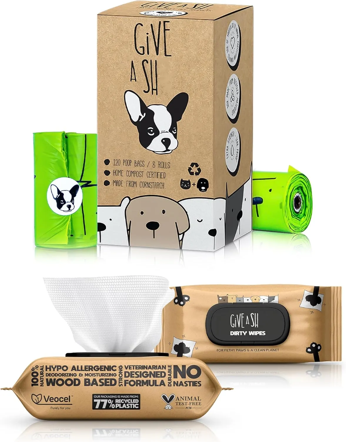 120 Compostable Poop Bags and 100 Plant-Based Pet Wipes – Champion Animal Welfare & The Planet