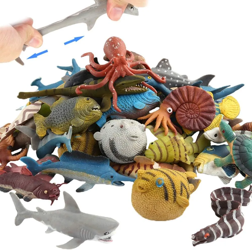 18 Pack Assorted Ocean Animal, Stretchy and Floating Rubber sea Animals Toy Set, Mini Realistic Under The Sea Life Figure for Toddler Bath Bathtub, Shark Octopus Fish Toys Bulk for Kid Party