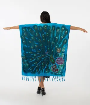 1920s Turquoise Velvet Beaded Peacock Fringe Scarf Coat