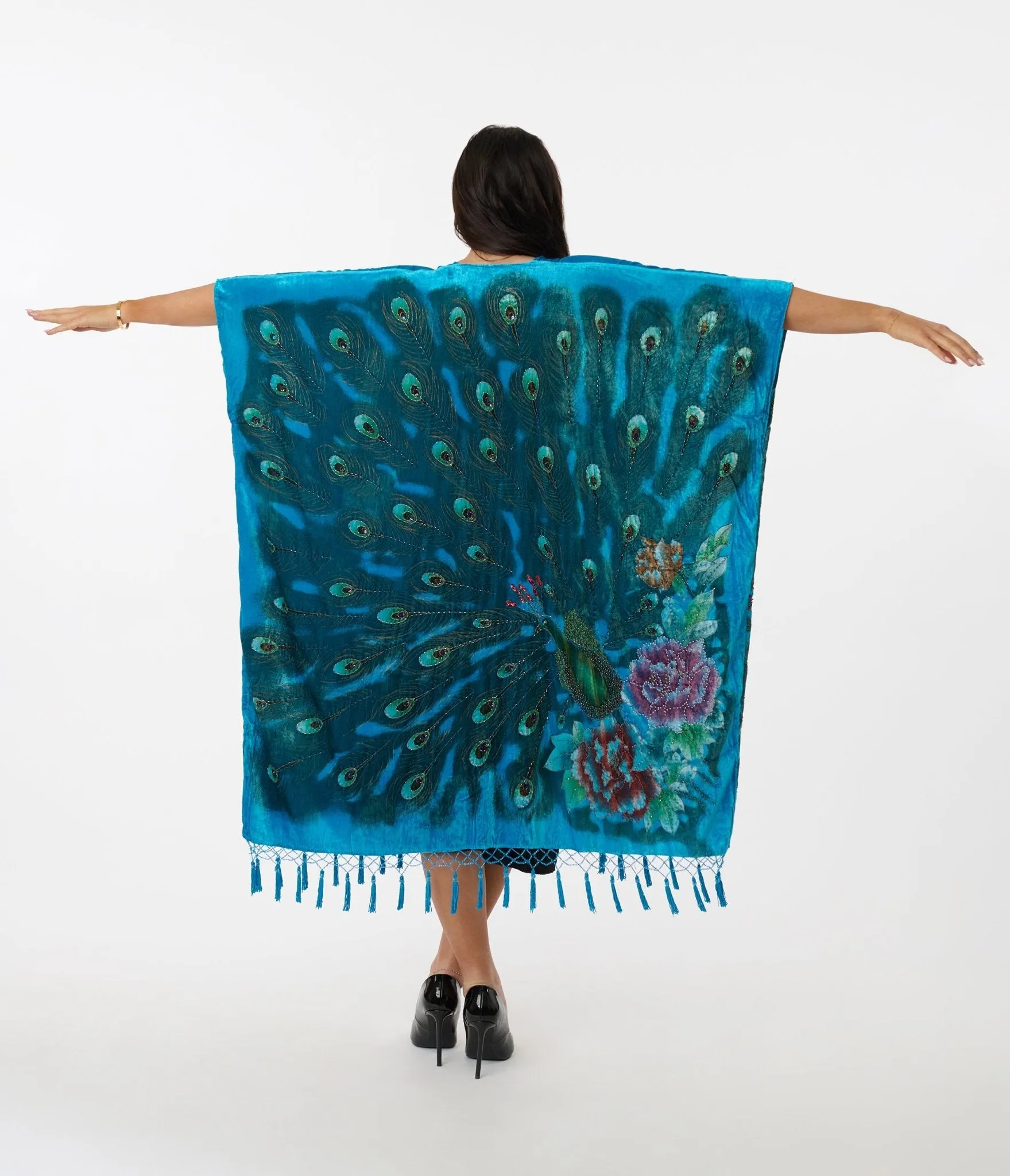 1920s Turquoise Velvet Beaded Peacock Fringe Scarf Coat