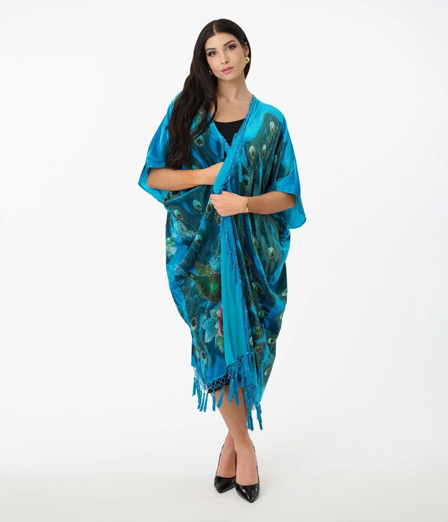 1920s Turquoise Velvet Beaded Peacock Fringe Scarf Coat
