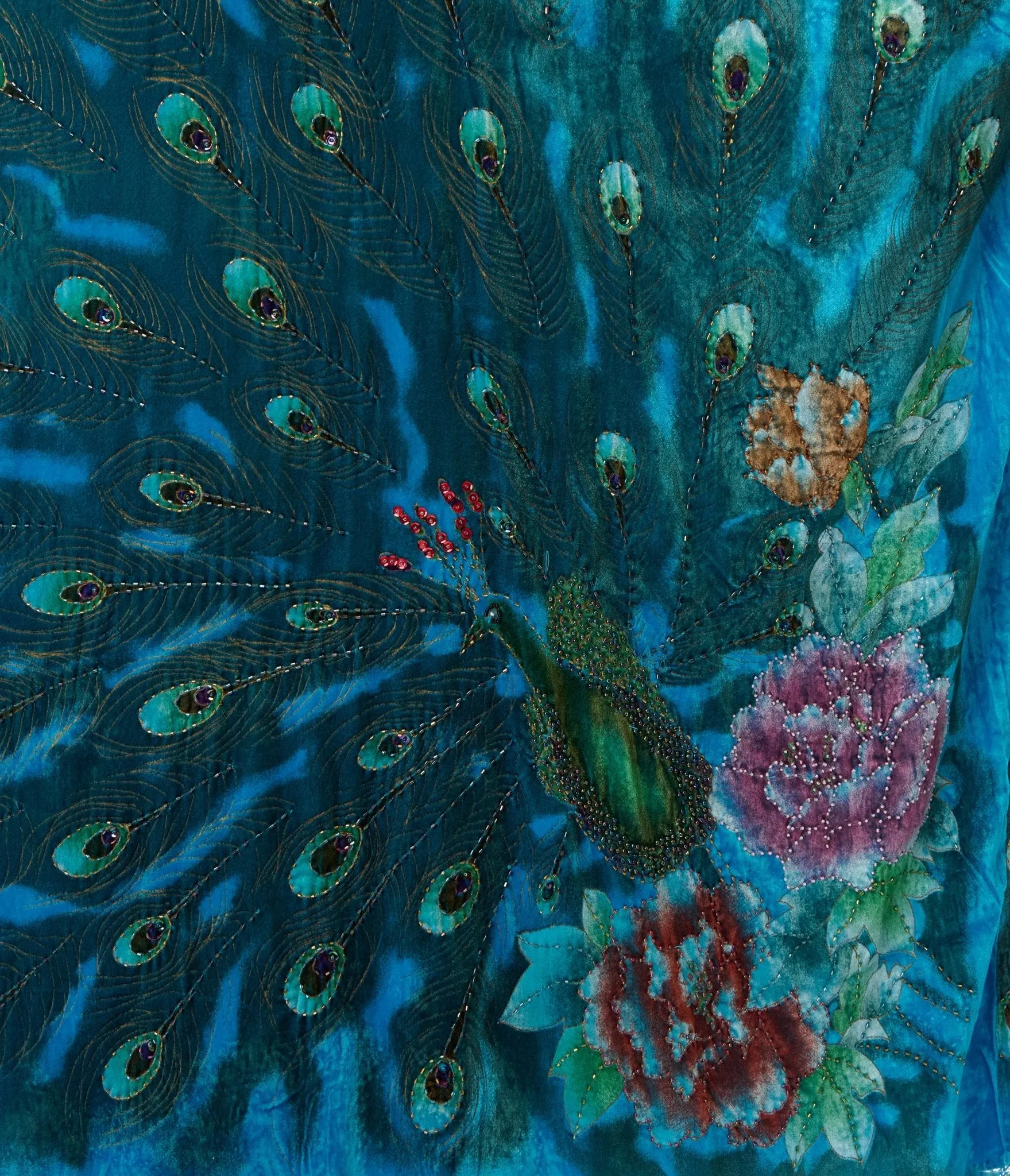 1920s Turquoise Velvet Beaded Peacock Fringe Scarf Coat