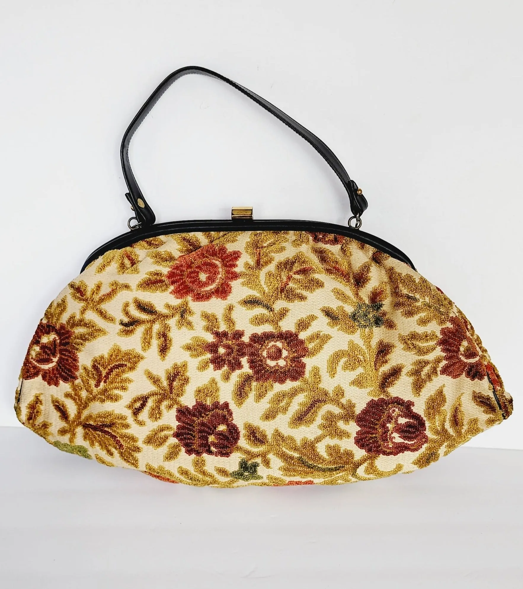 1960s Tapestry Bag Oversized Purse in Beige and Red Flowers
