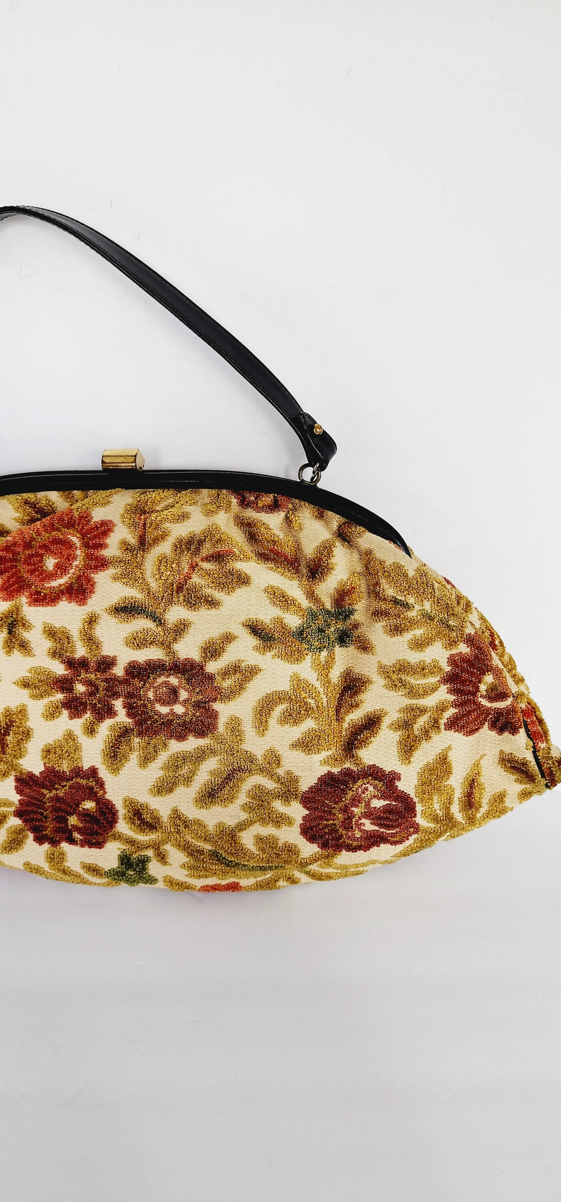1960s Tapestry Bag Oversized Purse in Beige and Red Flowers