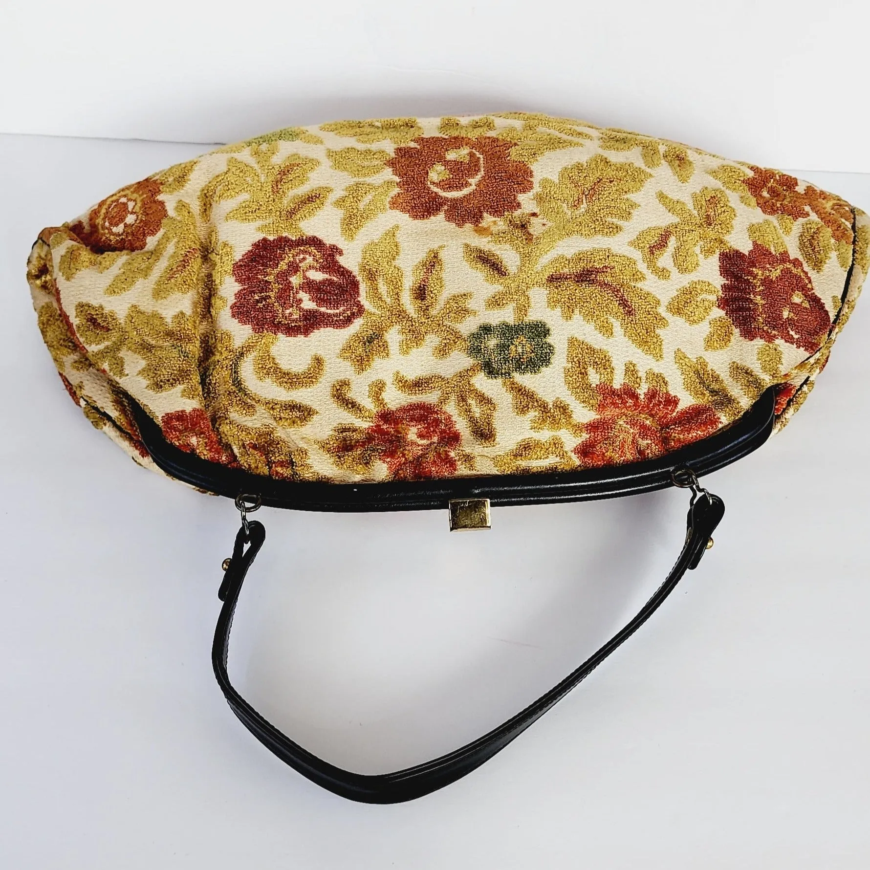 1960s Tapestry Bag Oversized Purse in Beige and Red Flowers
