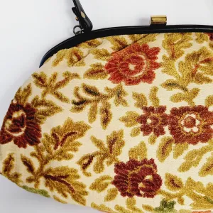 1960s Tapestry Bag Oversized Purse in Beige and Red Flowers