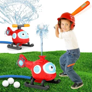 2-in-1 Water Sprinkler Baseball Helicopter Toy for Kids Outdoor Play, Attaches to Garden Hose, Summer Outside Toys Lawn Backyard Game Pool Party for Kids Age 3 4 5 6 7 8, 12 Gift
