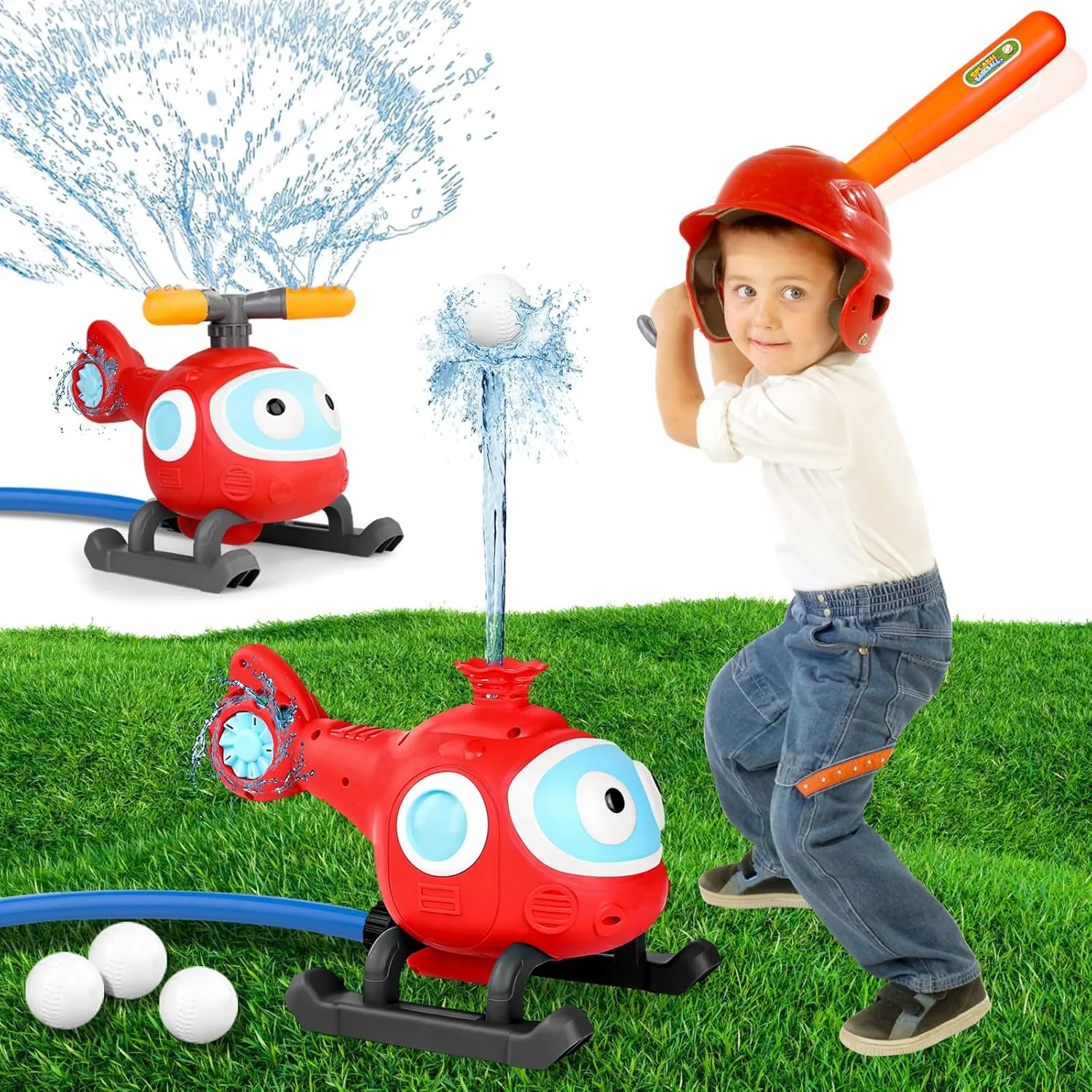 2-in-1 Water Sprinkler Baseball Helicopter Toy for Kids Outdoor Play, Attaches to Garden Hose, Summer Outside Toys Lawn Backyard Game Pool Party for Kids Age 3 4 5 6 7 8, 12 Gift