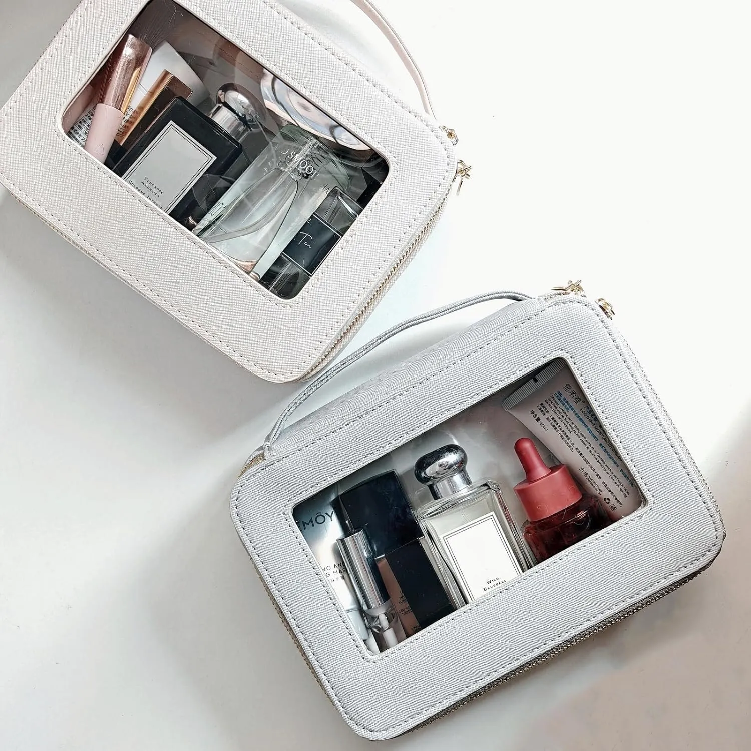 2 Pack Clear Makeup Bag Set, Portable Toiletry Bags for Women Clear Cosmetic Bag With Zipper,Small Travel Make Up Case Waterproof Organizer Transparent Car Bag for Essentials(Beige,Grey)
