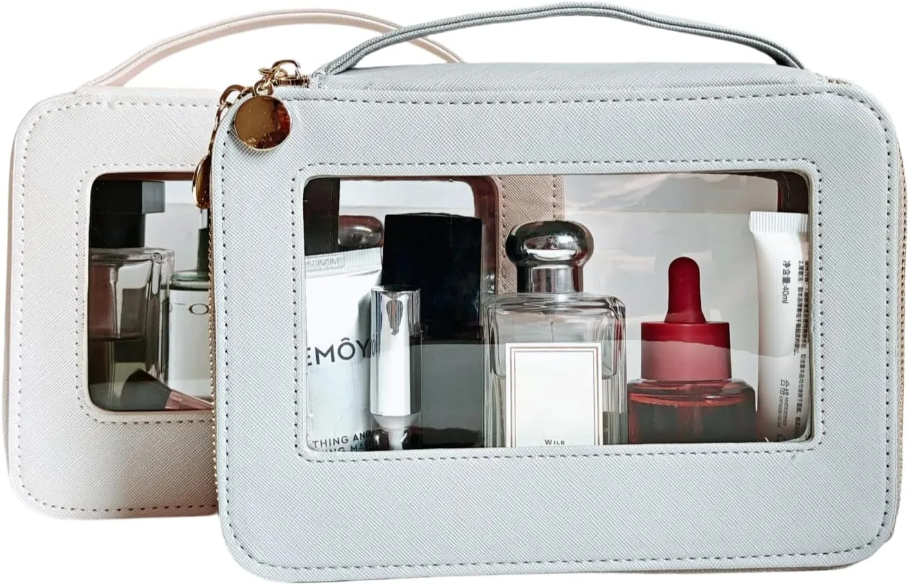 2 Pack Clear Makeup Bag Set, Portable Toiletry Bags for Women Clear Cosmetic Bag With Zipper,Small Travel Make Up Case Waterproof Organizer Transparent Car Bag for Essentials(Beige,Grey)