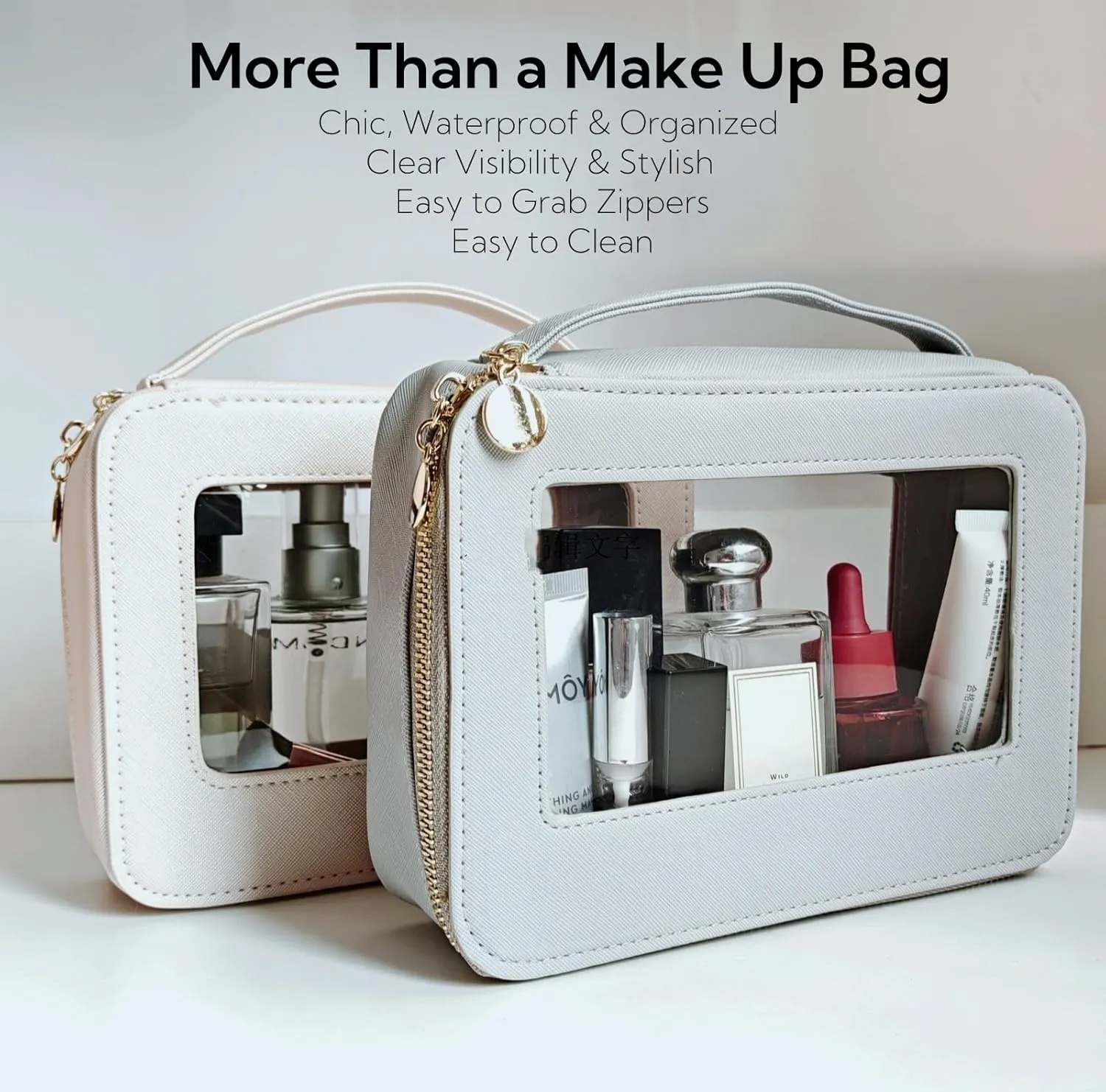 2 Pack Clear Makeup Bag Set, Portable Toiletry Bags for Women Clear Cosmetic Bag With Zipper,Small Travel Make Up Case Waterproof Organizer Transparent Car Bag for Essentials(Beige,Grey)