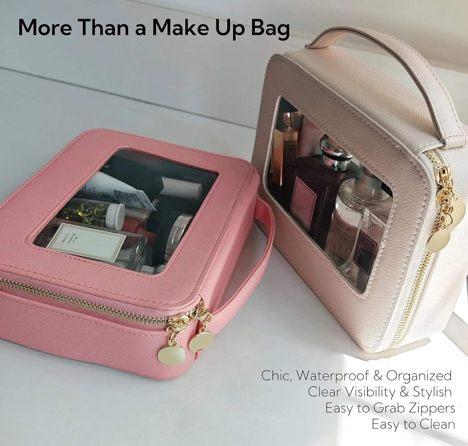 2 Pack Clear Makeup Bag Set, Portable Toiletry Bags for Women Clear Cosmetic Bag With Zipper,Small Travel Make Up Case Waterproof Organizer Transparent Car Bag for Essentials(Beige,Pink)