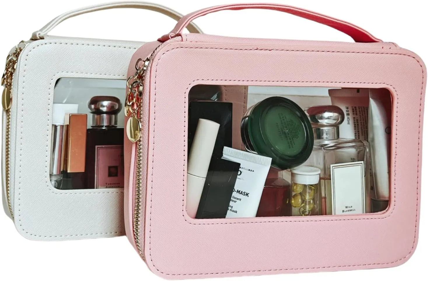 2 Pack Clear Makeup Bag Set, Portable Toiletry Bags for Women Clear Cosmetic Bag With Zipper,Small Travel Make Up Case Waterproof Organizer Transparent Car Bag for Essentials(Beige,Pink)