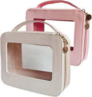 2 Pack Clear Makeup Bag Set, Portable Toiletry Bags for Women Clear Cosmetic Bag With Zipper,Small Travel Make Up Case Waterproof Organizer Transparent Car Bag for Essentials(Beige,Pink)