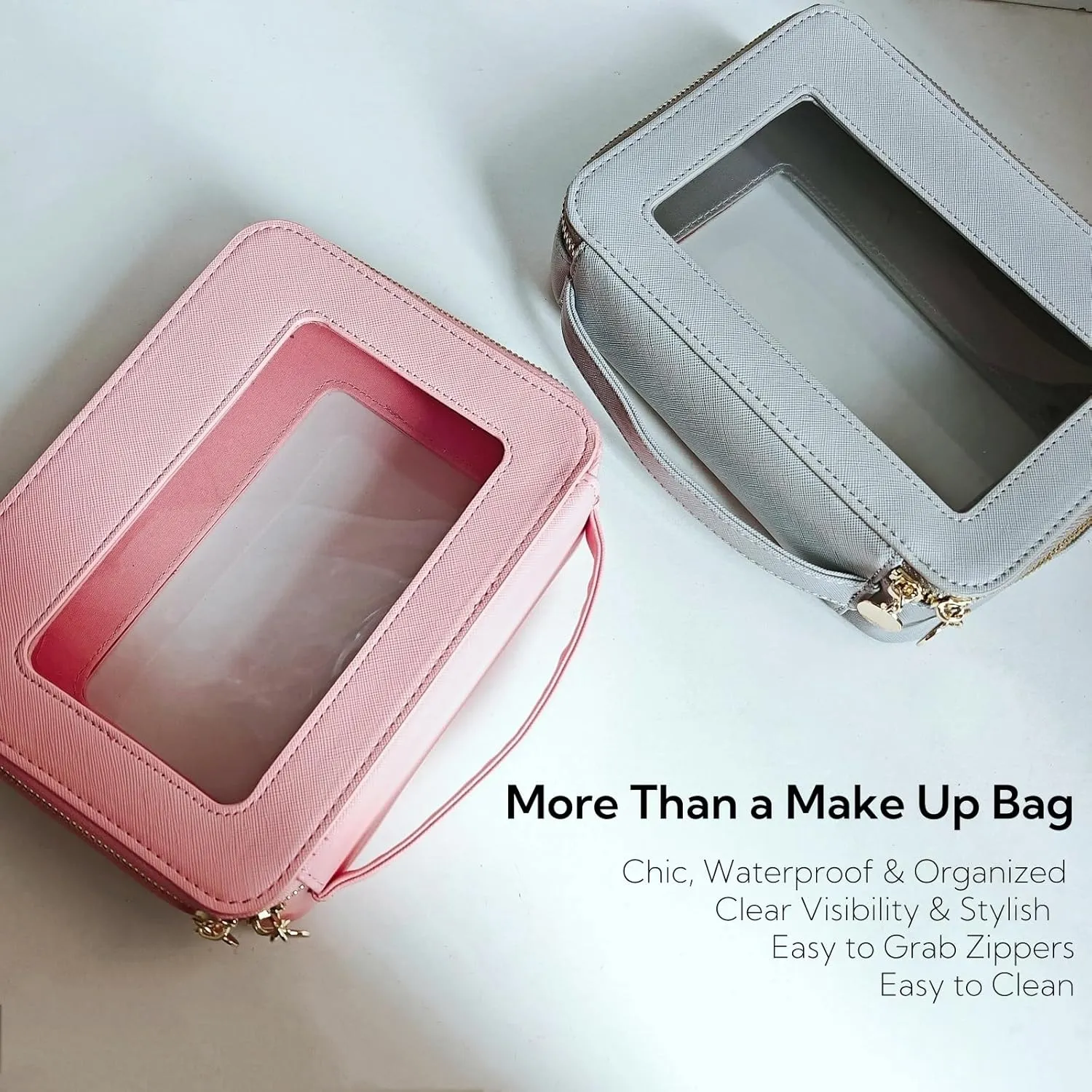 2 Pack Clear Makeup Bag Set, Portable Toiletry Bags for Women Clear Cosmetic Bag With Zipper,Small Travel Make Up Case Waterproof Organizer Transparent Car Bag for Essentials(Grey,Pink)