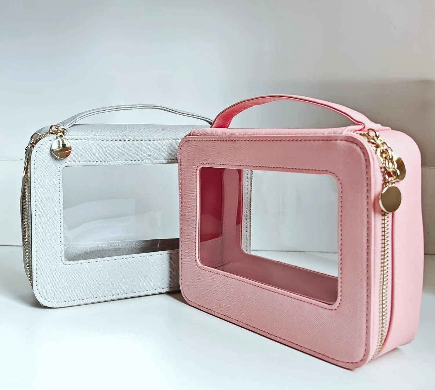 2 Pack Clear Makeup Bag Set, Portable Toiletry Bags for Women Clear Cosmetic Bag With Zipper,Small Travel Make Up Case Waterproof Organizer Transparent Car Bag for Essentials(Grey,Pink)