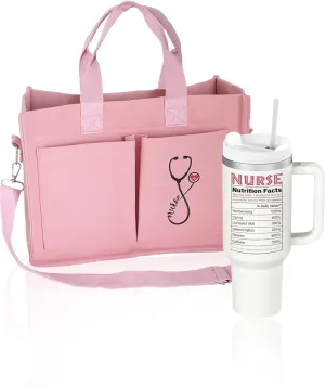 2 Pcs Nurse Gift for Women Nurse Week Gifts Set Canvas Tote Bag & 40 oz Tumbler Cup Stainless Steel, Large Shoulder Travel Bags Coffee Tumbler for Nursing School Appreciation Thank You Gift
