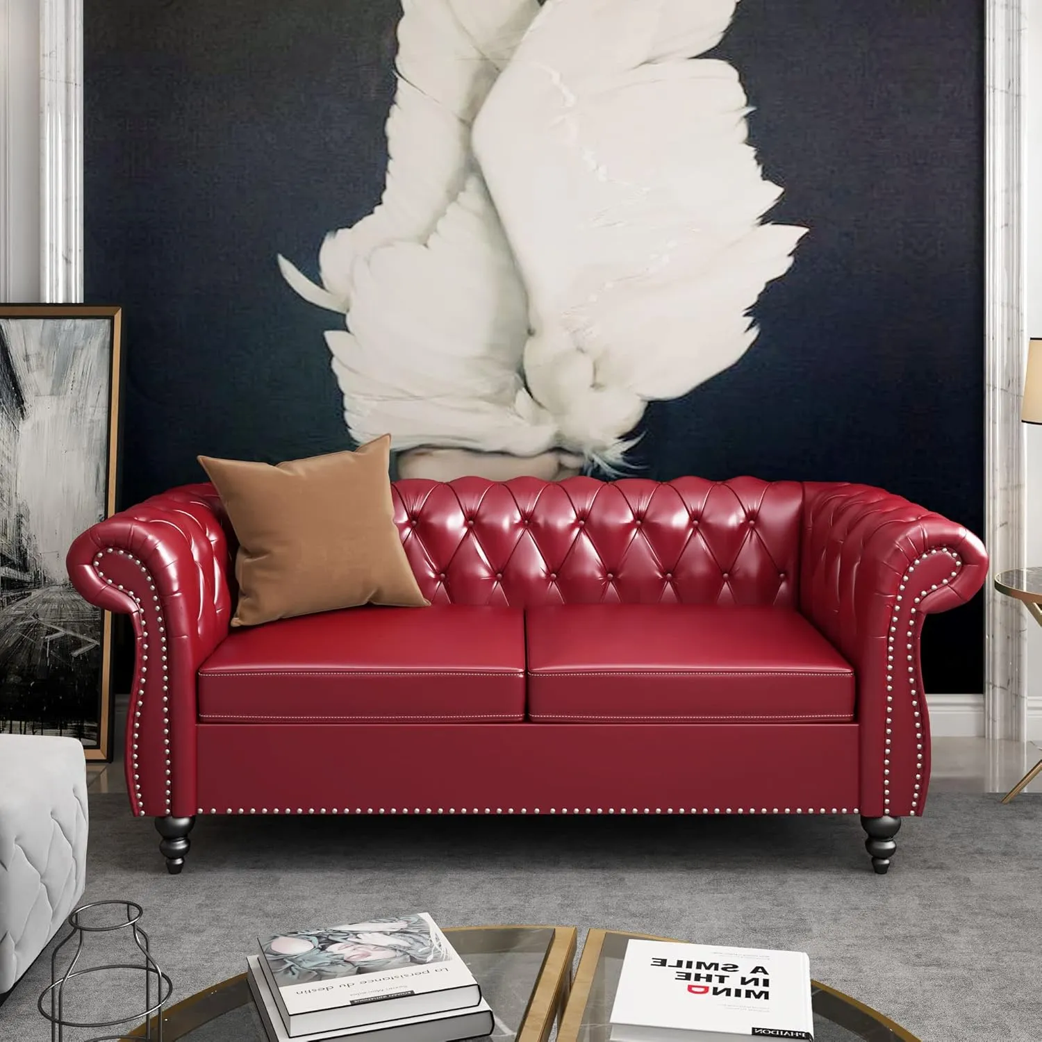 2 Piece Living Room Set, Chesterfield Leather Sofa Couch Chair with Scroll Arms and Nailhead for Living Room, Office (Burgundy)