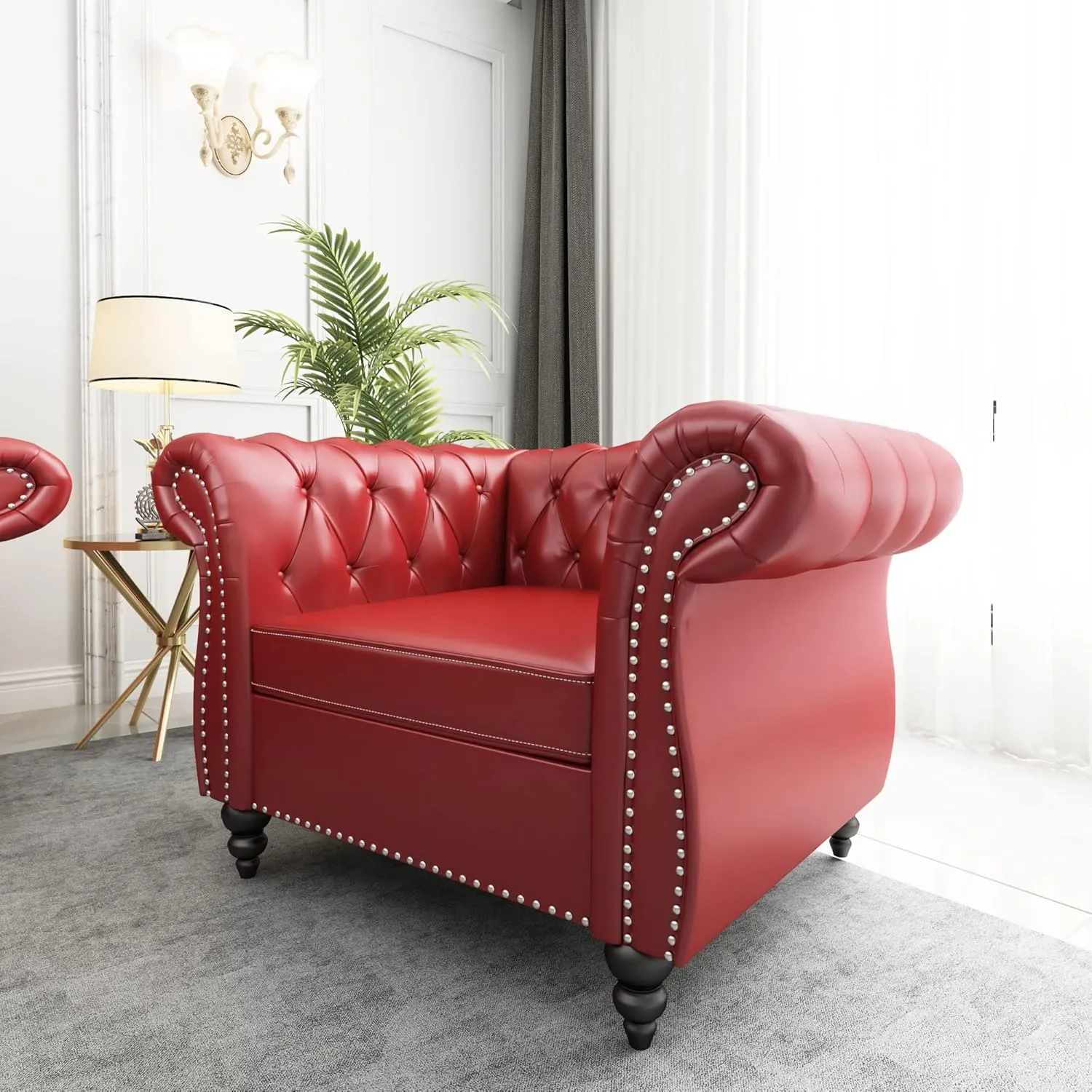 2 Piece Living Room Set, Chesterfield Leather Sofa Couch Chair with Scroll Arms and Nailhead for Living Room, Office (Burgundy)