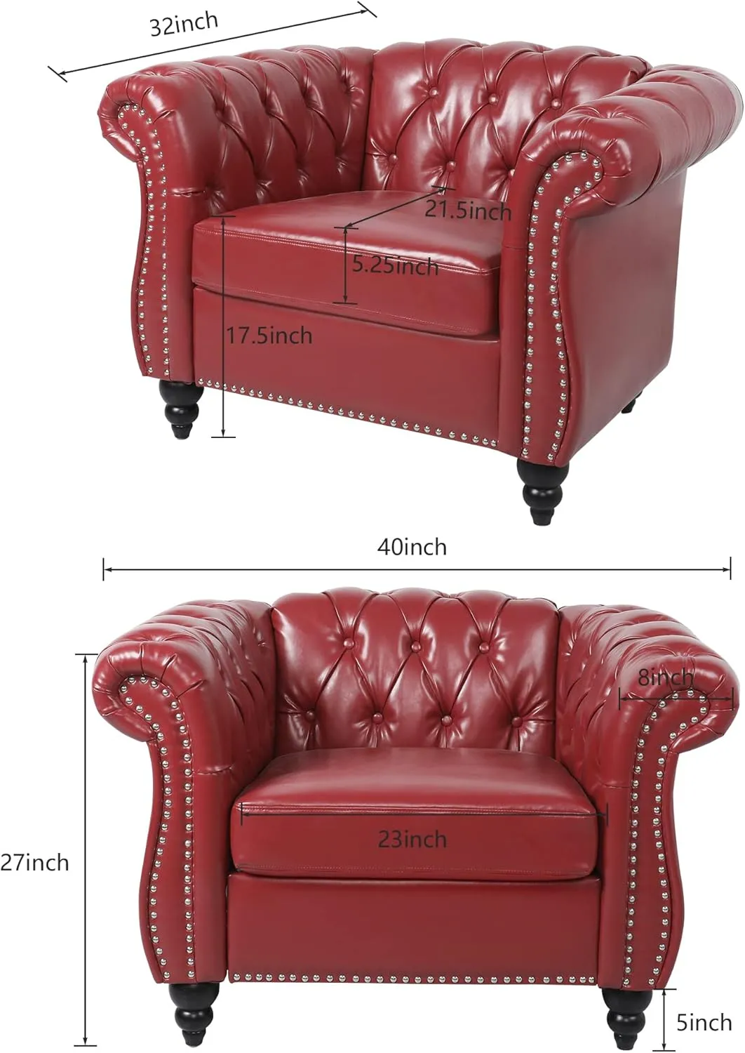 2 Piece Living Room Set, Chesterfield Leather Sofa Couch Chair with Scroll Arms and Nailhead for Living Room, Office (Burgundy)