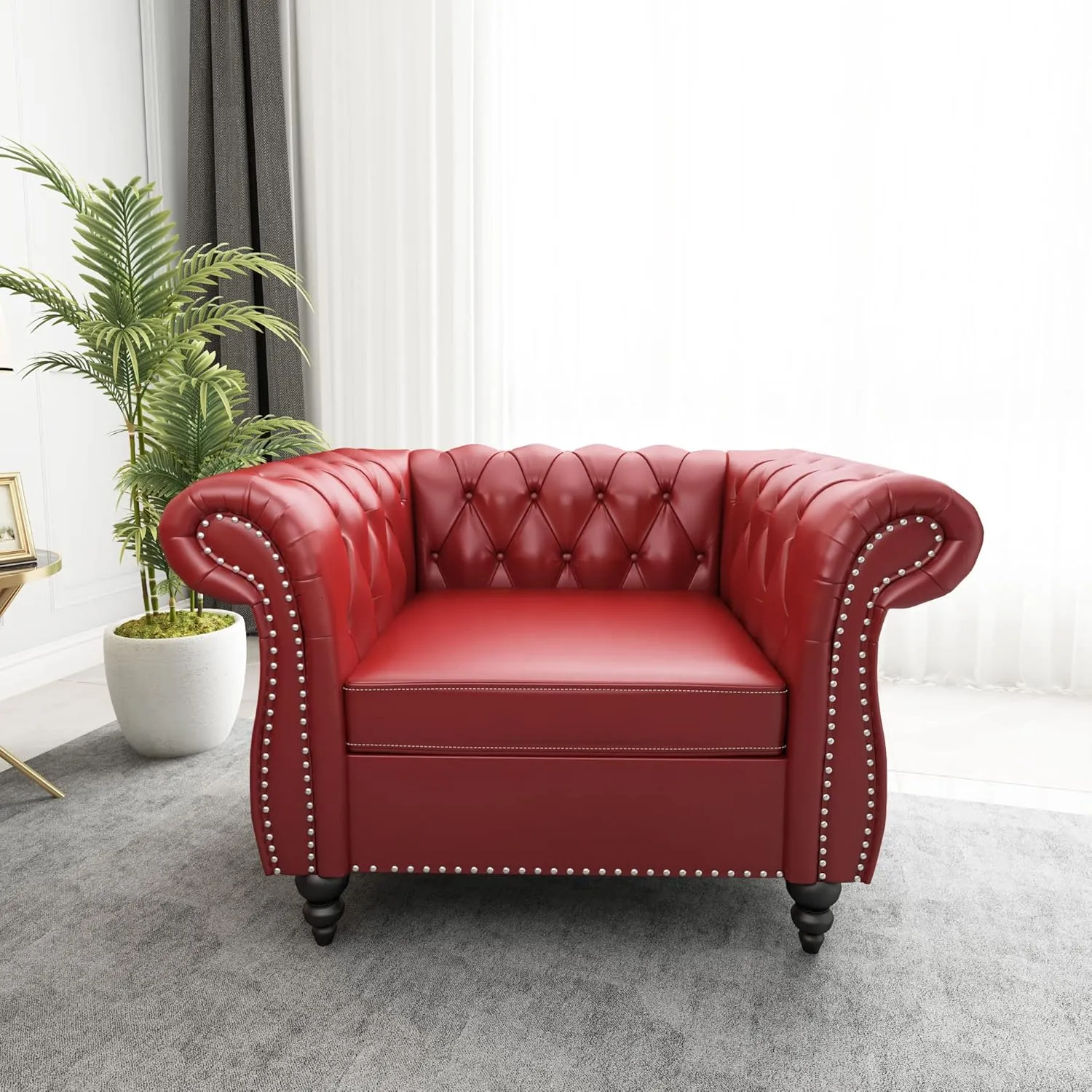 2 Piece Living Room Set, Chesterfield Leather Sofa Couch Chair with Scroll Arms and Nailhead for Living Room, Office (Burgundy)