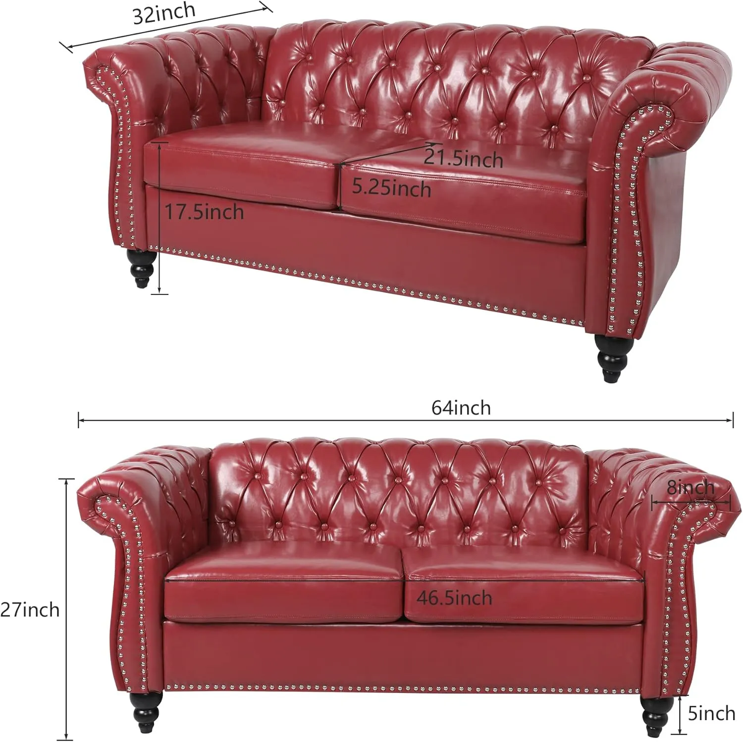 2 Piece Living Room Set, Chesterfield Leather Sofa Couch Chair with Scroll Arms and Nailhead for Living Room, Office (Burgundy)