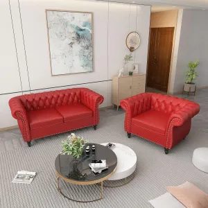 2 Piece Living Room Set, Chesterfield Leather Sofa Couch Chair with Scroll Arms and Nailhead for Living Room, Office (Burgundy)