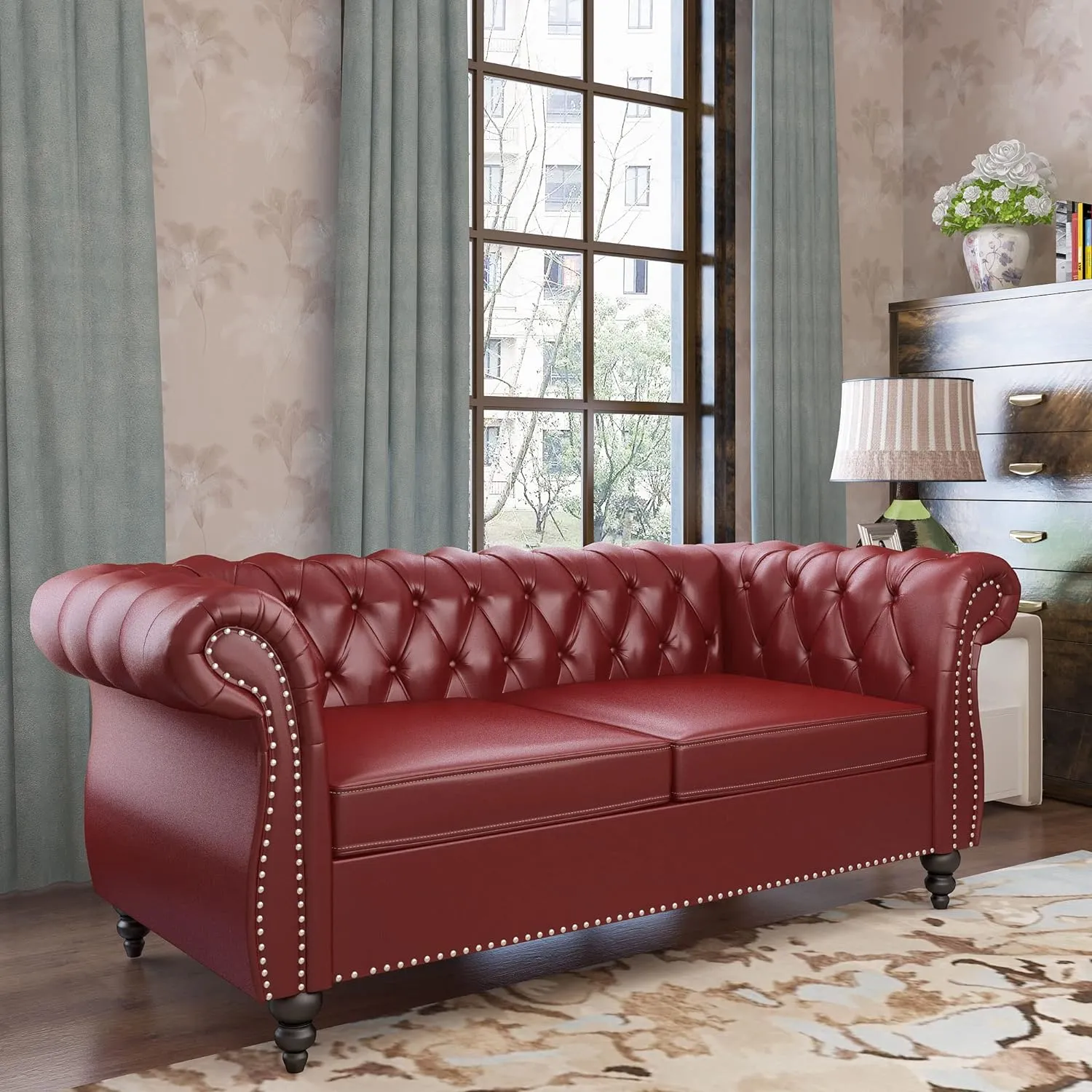 2 Piece Living Room Set, Chesterfield Leather Sofa Couch Chair with Scroll Arms and Nailhead for Living Room, Office (Burgundy)