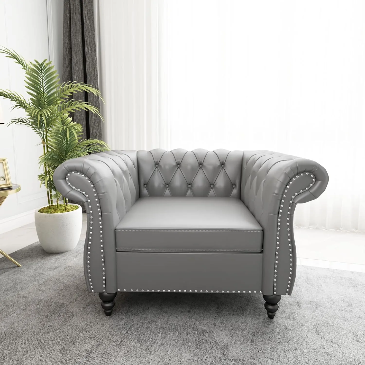 2 Piece Living Room Set, Chesterfield Leather Sofa Loveseat Couch Chair with Scroll Arms and Nailhead for Living Room, Office (Grey)