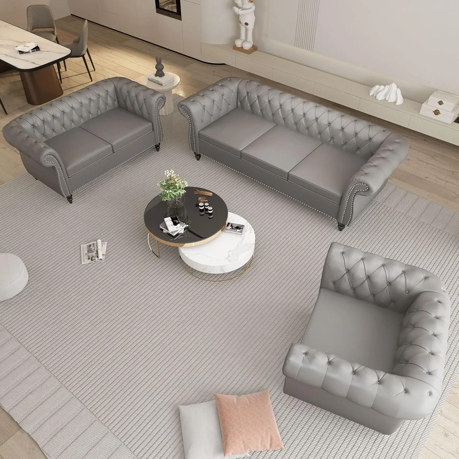 2 Piece Living Room Set, Chesterfield Leather Sofa Loveseat Couch Chair with Scroll Arms and Nailhead for Living Room, Office (Grey)