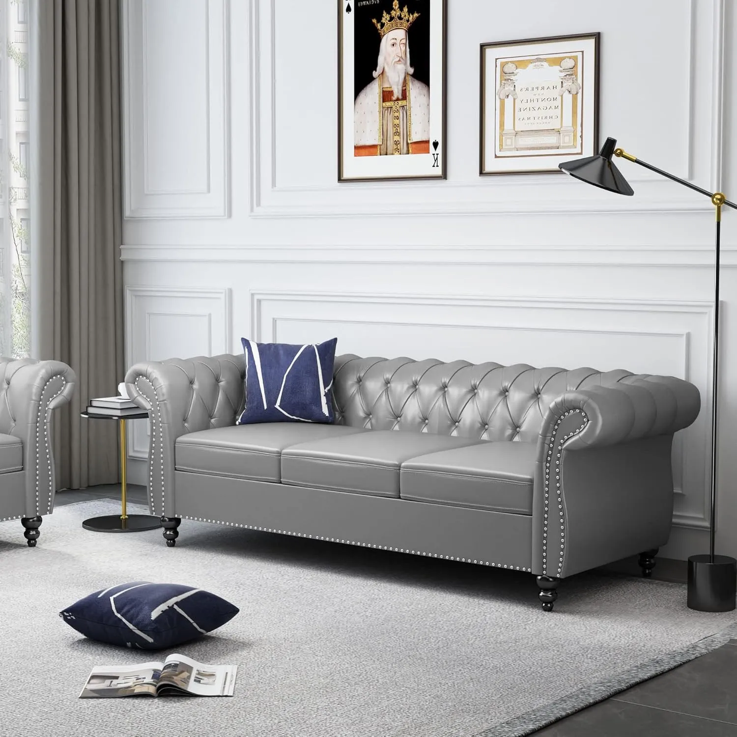 2 Piece Living Room Set, Chesterfield Leather Sofa Loveseat Couch Chair with Scroll Arms and Nailhead for Living Room, Office (Grey)