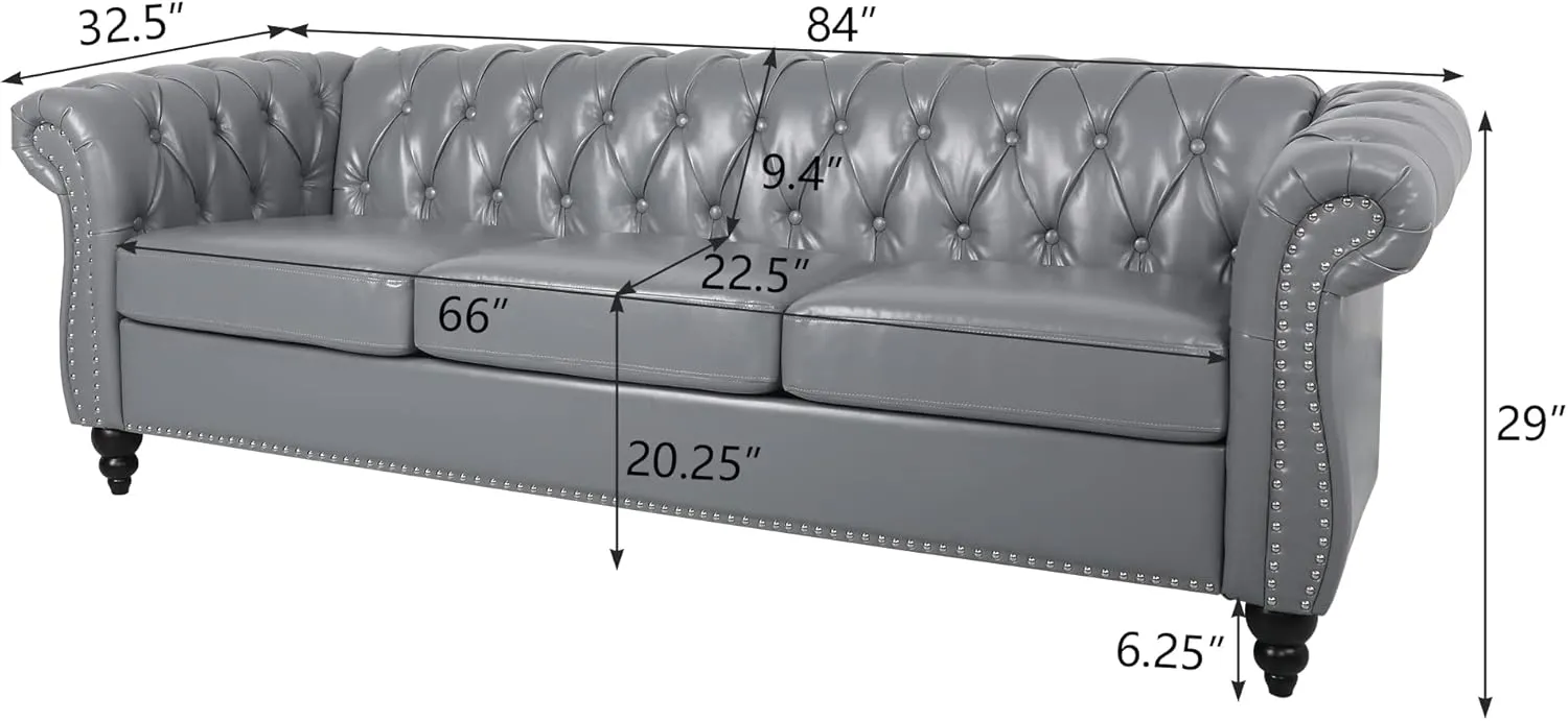 2 Piece Living Room Set, Chesterfield Leather Sofa Loveseat Couch Chair with Scroll Arms and Nailhead for Living Room, Office (Grey)