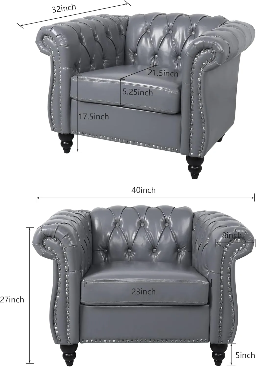 2 Piece Living Room Set, Chesterfield Leather Sofa Loveseat Couch Chair with Scroll Arms and Nailhead for Living Room, Office (Grey)