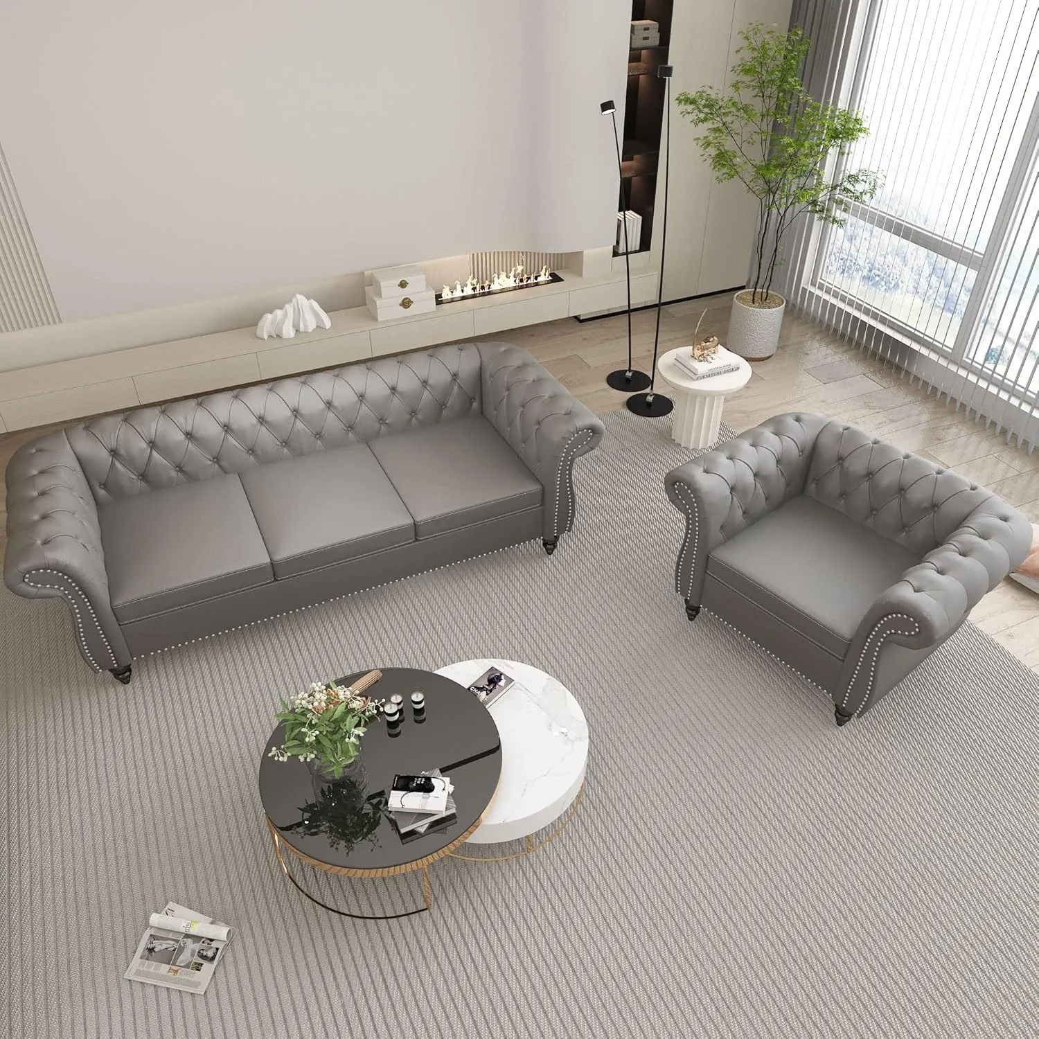 2 Piece Living Room Set, Chesterfield Leather Sofa Loveseat Couch Chair with Scroll Arms and Nailhead for Living Room, Office (Grey)
