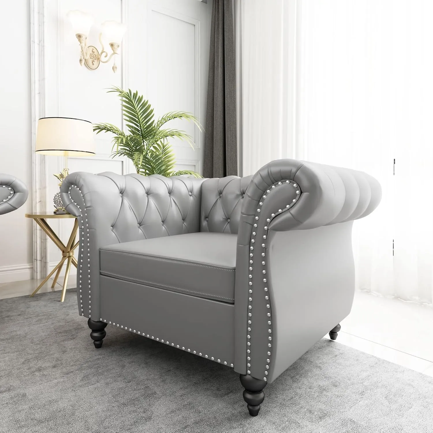 2 Piece Living Room Set, Chesterfield Leather Sofa Loveseat Couch Chair with Scroll Arms and Nailhead for Living Room, Office (Grey)